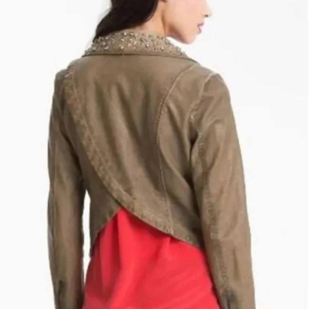 Sam Edelman Studded Distressed Tan/Brown Moto Jacket With Leopard Print Lining